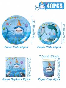 Conjunto de Utensílios de Mesa de Decoração da Festa do Tubarão Marinho, Tema Marinho Pratos de Papel e Copos de Papel de 7/9 Polegadas, Conjuntos de Guardanapos, Decoração da Festa do Tubarão, Suprimentos para Festa de Aniversário, Chá de Bebê, Jantar, Serve 8 Pessoas