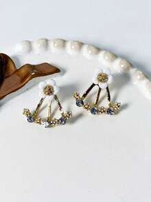 1pair Women's Daisy Flower & Crystal Stud Earrings, Korean Style Sweet & Simple Design, With Back Hanging Detail