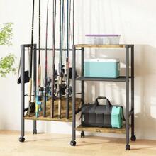 Fishing Rod Rack Fishing Equipment Organizers With Wheels, Metal Fishing Gear Shelf Up To 12 Rods, Fishing Rod Holders Fishing Pole Storage Cart For Garage Home Entryway Corner