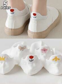5 Pairs/Pack Women's Flower Bow Bee Crown Versatile Embroidered White Socks Simple Student Socks - Multicolor - View 1