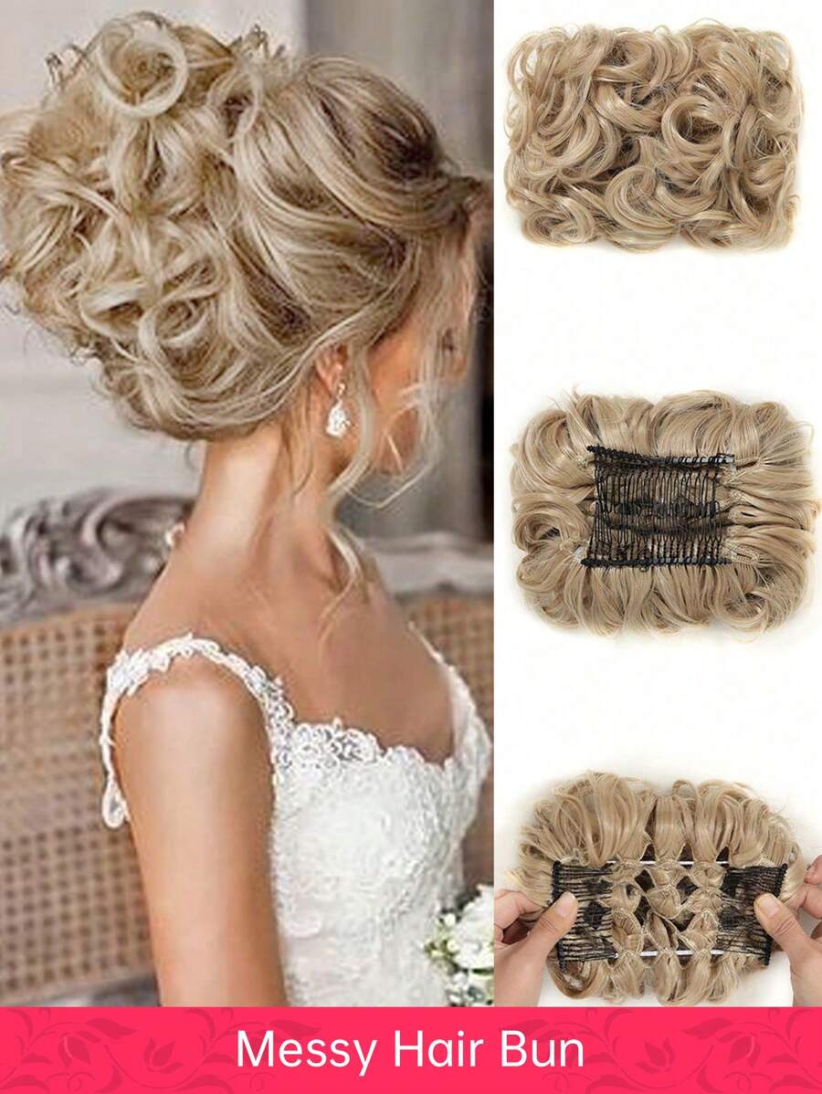 凌乱发髻发片，凌乱发髻发圈，女士短款凌乱卷发髻接发，带易拉伸梳子，适合日常佩戴（金棕色）