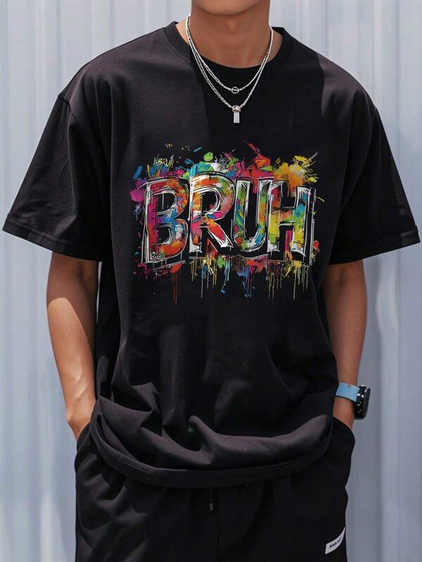 Teen Boy Loose Plus Size Casual Simple Slogan Pattern Printed Round Neck Short Sleeve T-Shirt Joker Leisure Sports Youth Summer Coat