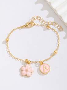 1pc Fashionable Floral Letter Beaded Bracelet, Suitable For Children, Customizable Name Letters, Perfect For Summer Beach Vacation And Daily Wear - Pink - View 2