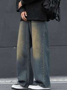 Teenaged Boys' Casual Wide Leg Straight Jeans With Cat Whiskers Design, Loose Fit Denim Pants For Youth And Pre-Teens