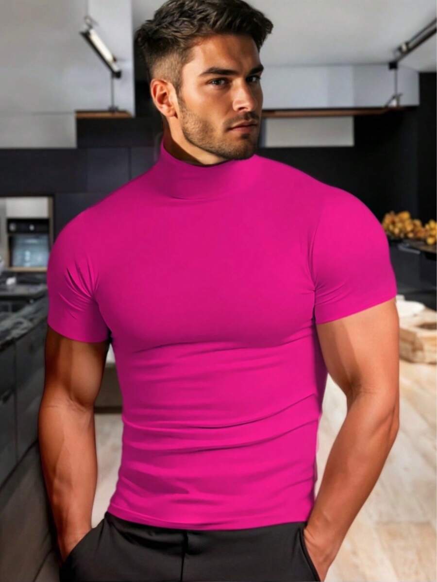 Playera Basica Ajustada de Manga Larga con Cuello Alto para Hombre - Rosa Roja - Ver 1