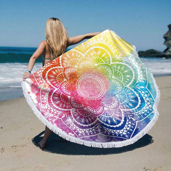 1 pièce Grande serviette de plage ronde de 61 pouces, séchage rapide et absorbante, peut être utilisée comme tapis de plage, couverture de méditation, nappe, cadeau idéal pour la natation, le camping, les vacances à la plage, la décoration de salle de bain d'été, les essentiels de plage
