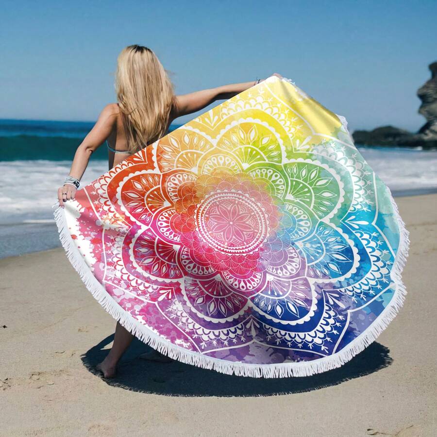 1pc 61-Inch Large Round Beach Towel, Quick Dry & Absorbent, Can Be Used As Beach Mat, Meditation Blanket, Table Cloth, Ideal Gift For Swimming, Camping, Beach Vacation Summer,Holiday Bathroom Decor Beach Essentials - Multicolor - View 1