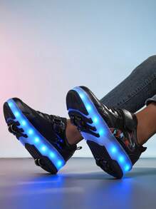 BLSART New Kids' 4-Wheel Retractable LED Light-Up Roller Shoes, Rechargeable Hidden Wheels, Colorblock Leather Hook-And-Loop Strap, Daily Commute Flashing Skating Sports Shoes For Boys And Girls - Black - View 8