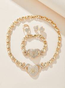 5pcs/Set Luxury Women Jewelry Set Gold Color Bride Lover Heart Rhinestone Wedding Necklace Earrings Bracelet Ring Set Gift Jewelry For Women Accessories - 套裝 - 查看 5