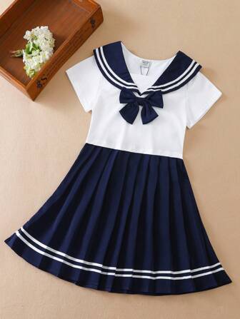 Girls Polo Collar Contrast Color Short Sleeve Dress, Summer