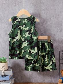 2pcs Kids Camouflage Dinosaur Print Tank Top And Shorts Set, Thin Undershirt Outerwear Top And Outdoor Sports Running Shorts, Sleeveless Vest For Boys Aged 4-12