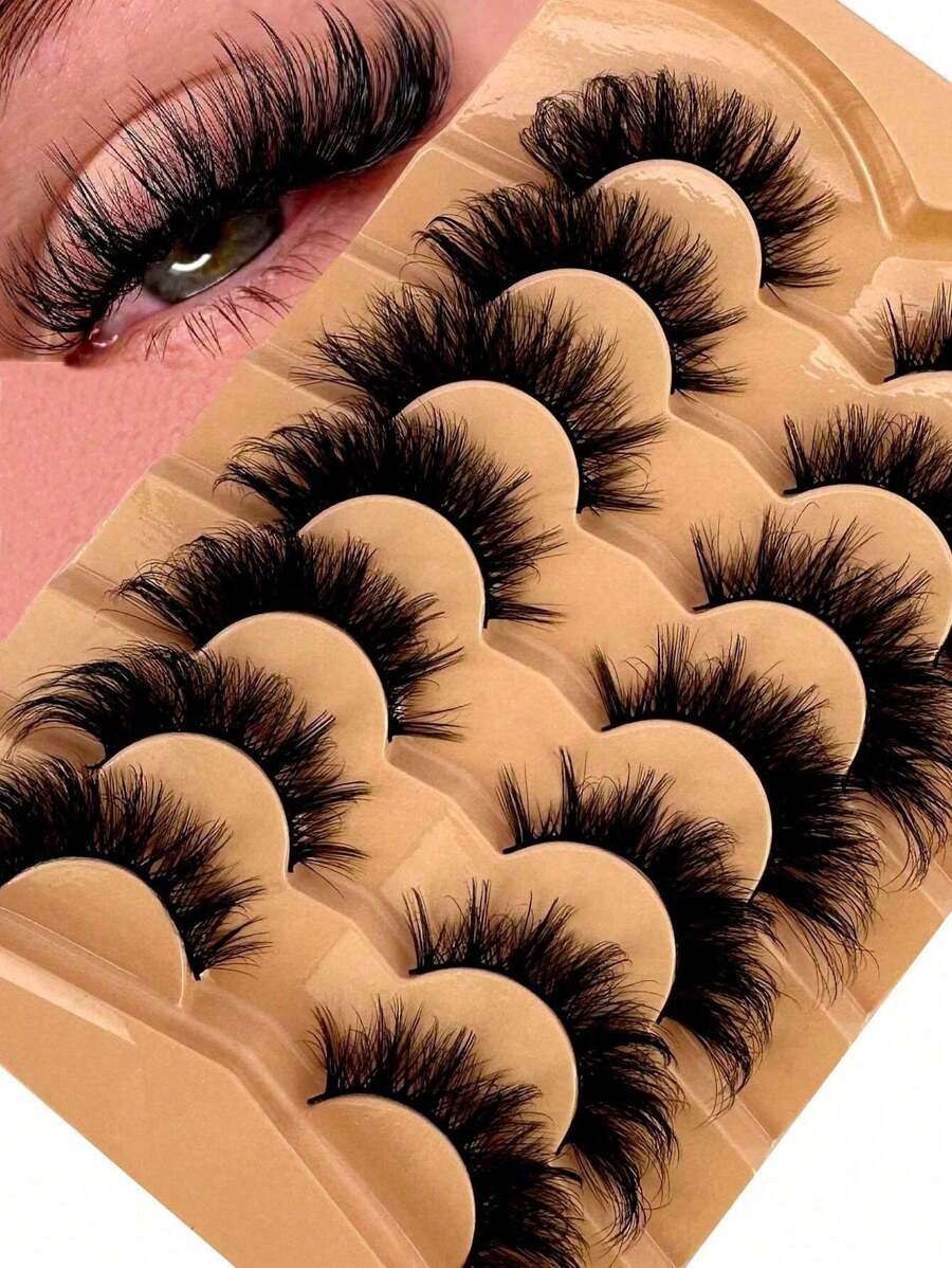 HBZGTLAD 7 Pairs Faux Mink Lashes Multipack Mink Lashes Fluffy False Eyelashes 22mm Full Wispy Lashes 8D Volume Curly Fake Eyelashes - 尖尾漫畫款 - 查看 1