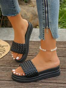 Women's Platform Woven Strap Sandals, Plus Size Cross-Border Open Toe Breathable Slides, Daily Versatile Outdoor Travel Beach Casual Shoes - Black - View 1