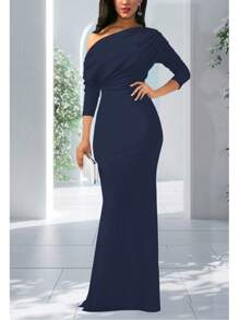 Long Dress With Dropped Shoulders And 3/4 Sleeves, Consenza Model, Maria Bela Brand - 藏蓝色 - 查看 1