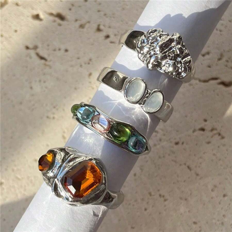 1set Retro Fashion Colorful Resin Rings For Women
