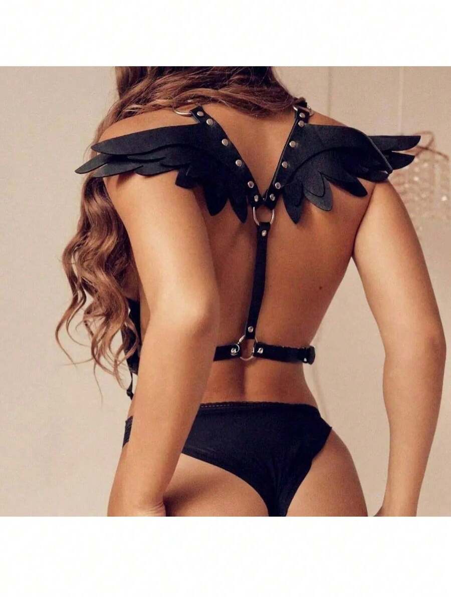 Women's Body Chest Harness Belt With Angel Wings, Adjustable Faux Leather Body Caged Neck Waist Harness Bondage Strap For Ladies, Roleplay Cosplay Costume Party Clubwear - 黑色 - 查看 1