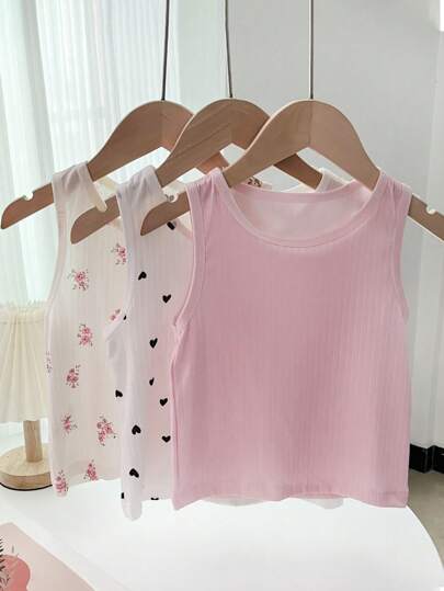 3 件套女童可爱碎花和心形印花吊带背心，面料柔软，适合春夏季