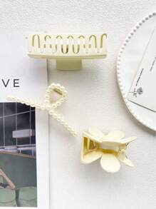 3 stuks witte minimalistische elegante mode hars haar klauw clips set, klassieke 5-bladige bloemen imitatie parel holle vierkante haar accessoires combo, geschikt voor dagelijkse outfit, baden, make-up haarstyling, witte haar clips