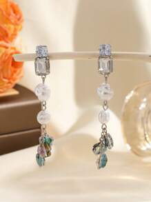 Shiny Faux Pearl Flower Crystal Dangle Long Earrings - Flower Crystal Long Earrings - View 2