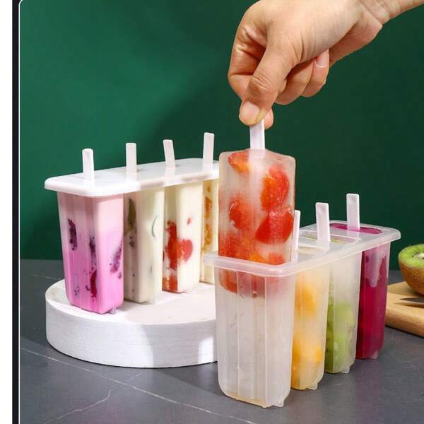 1 Set 4-Cavity Popsicle Mold With Lid, Home Use Children Cute Ice Cream/Popsicle Mold DIY Ice Cream/Ice Lolly Maker Ice Cube Tray Ice Cube Ice Cube Squishy Ice Cube Mold Ice Cube Mould