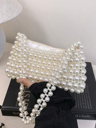 1pc Faux Pearl Beaded Woven Handbag, Versatile Shoulder Bag Suitable For Women To Attend Formal Occasions Or Everyday Commute, Elegant Faux Pearl Bag
