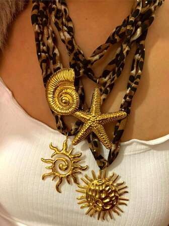 1 件 18K 金不锈钢海星、贝壳、海胆吊坠带豹纹打结可调节长项链女士