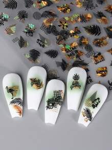 全息黑金美甲贴纸 2/4 张 3D 自粘美甲贴花 热带度假风，包含棕榈叶、菠萝、火烈鸟、冰淇淋、椰子、贝壳等美甲图案，适合 DIY 美甲装饰 - 彩色 - 查看 4
