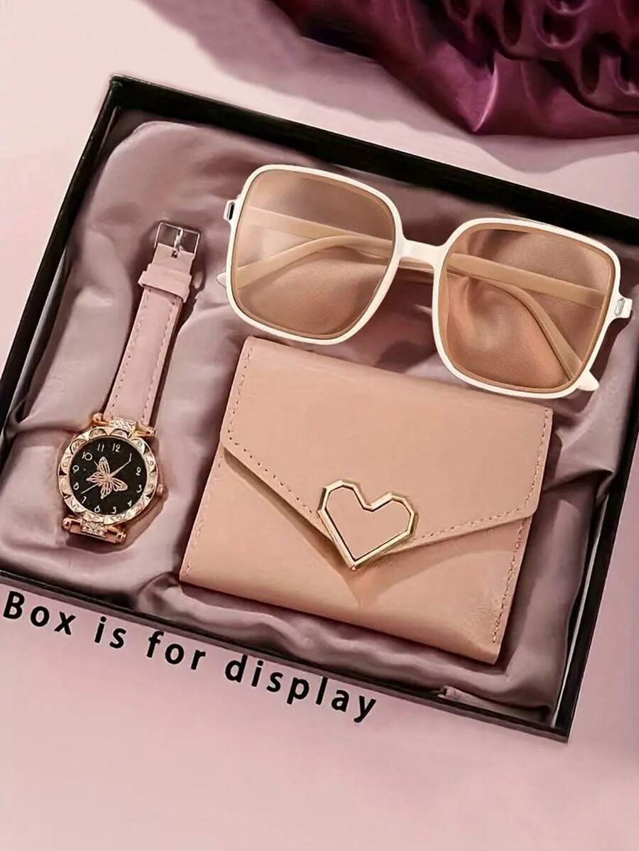 3Pcs Women's Quartz Watch Fashionable Casual Glasses And Minimalist Glasses Set, Suitable As A Gift For Festivals And Matching Daily Casual Wear - Pink - View 1