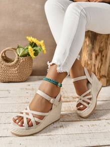 Women's French Style Wedge Sandals, Crossed Straps High Heel Chunky Platform Open Toe Roman Shoes, Summer