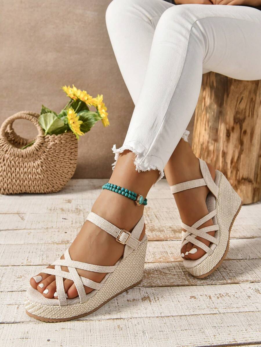 Women's French Style Wedge Sandals, Crossed Straps High Heel Chunky Platform Open Toe Roman Shoes, Summer