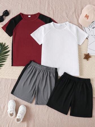 4pcs Boys Summer Short Sleeve Set, Solid Color Round Neck T-Shirt + Shorts Sports Suit, Casual Vacation Outfit, Sizes For Older Children