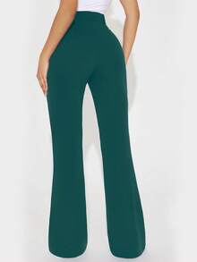 Women's Solid Color Pocket Elegant Straight Leg Pants For Commuting - Dark Green - View 3