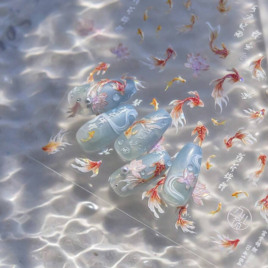 1 件锦鲤莲花金鱼夏日海滩海鲤红鱼多彩海豚美人鱼软浮雕指甲贴纸美甲贴花 1 件