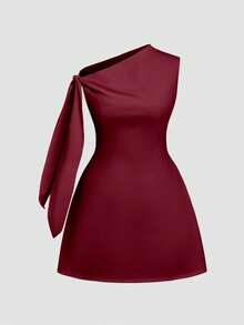 女士优雅纯色吊带简约短款无袖连衣裙 - 酒紅色 - 查看 2