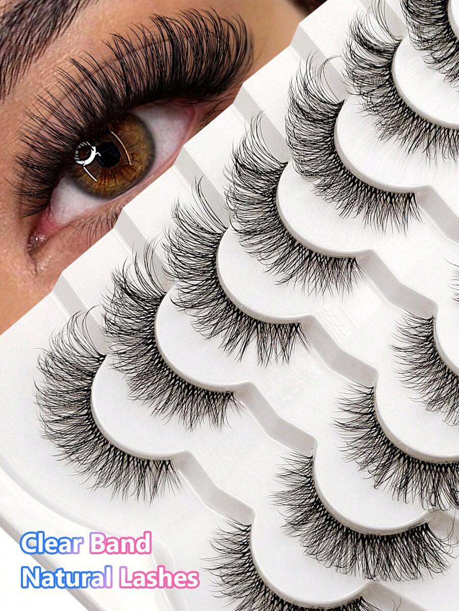 Asiteo 7 Pairs Wispy Faux Mink Cat Eye Lashes, Clear Band 3D Natural False Eyelashes For Daily Work And Dating Eye Makeup - Black - View 1