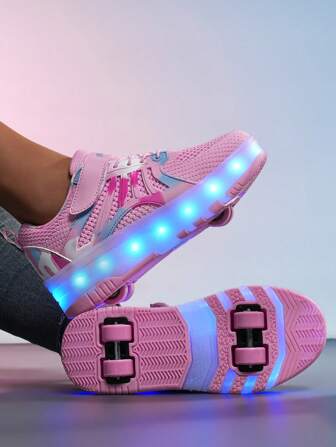 Nya moderiktiga LED-ljusande rullskor, ventilerande mesh-ovandel, gradientfärgade lysande hjul, snygga utomhussneakers för flickor, fritidsskor för barn och tonåringar