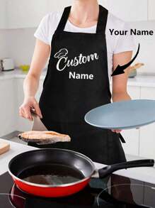 1pc Customized Black Kitchen Cooking Apron, Modern Polyester Oil-Proof Apron, Black Kitchen Apron, Polyester Apron For Garden, Kitchen And Housework Perfect For Home, Restaurant, And Kitchen Cooking