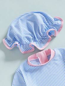 Traje de baño de 2 piezas con protección contra erupciones y gorro para niñas pequeñas, estampado de rayas, manga larga, cuello redondo, trajes de baño para niñas pequeñas - Azul - Ver 6