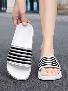 （情侣款）男士简约时尚条纹大码露趾拖鞋，EVA软底浴室沙滩拖鞋，室内外皆宜，尺码36-50，男女通用