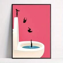 Decoración de pared de baño vintage rosa: Póster de chicas saltando en un inodoro - Arte gracioso y con estilo - Impresión en lienzo para sala de estar, dormitorio, decoración del hogar, decoración de la habitación - Sin marco