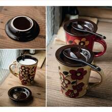 Coffee Cup Hand-Painted Chinese Style Ceramic Mug With Lid Spoon, High Aesthetic Red Cup, Birthday Gift - Multicolor - View 6
