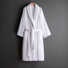 1 件毛圈天鹅绒纯色圆领浴袍，休闲家居浴袍，适用于浴室、卧室、游泳池，由柔软吸水棉制成 - 白色 - 查看 1