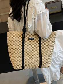 Fashionable Color-Blocking Straw Tote Bag, Versatile With Elegant Shoulder Straps. Summer & Beach Essentials, Large Capacity, Portable For Women, Teen Girls, College Students, Office Workers. Perfect For Work, School, Vacation, Beach