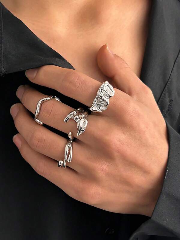 4pcs/Set Men's Crinkle Metal Punk Style Rings