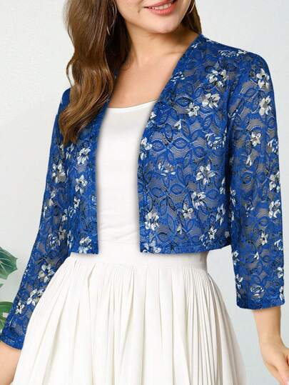 Yukiwi Women's Floral Print Sheer Open Front Lace Jacket,Vacation Daily Clothes