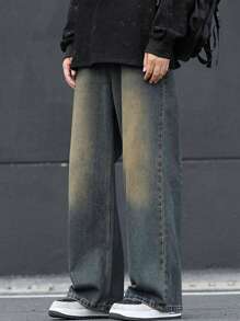 Teenaged Boys' Casual Wide Leg Straight Jeans With Cat Whiskers Design, Loose Fit Denim Pants For Youth And Pre-Teens
