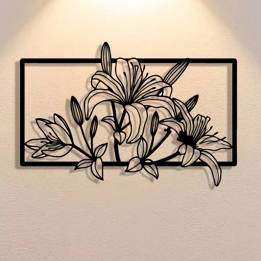 1 件优雅的金属百合花墙饰，抽象轮廓铁艺装饰，多用途室内/室外壁挂，适合作为乔迁、节日、生日礼物、收藏品，非常适合花园爱好者、办公室、客厅、卧室、露台、厨房、农舍装饰 - 黑色 - 查看 1