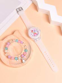 1pc Kids White Silicone Strap Cute Cartoon Rabbit Pattern Glow In The Dark Round Dial Quartz Watch & 1pc Bracelet, For Daily Life - White - View 6