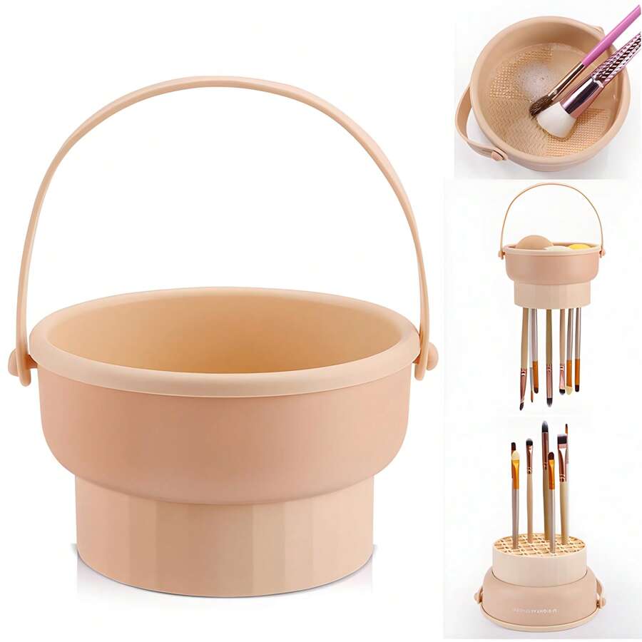 Makeup Brush Cleaning And Storage Box - Silicone Foldable Design - Beige - View 1