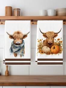 2Pcs Kitchen Towel Watercolor Floral Highland Cow Country Style Farmhouse Dish Towel Kitchen Dishwashing Hand Tea Towel Kitchen Dry Dish Towel Suitable For Kitchen Restaurant Dining Table